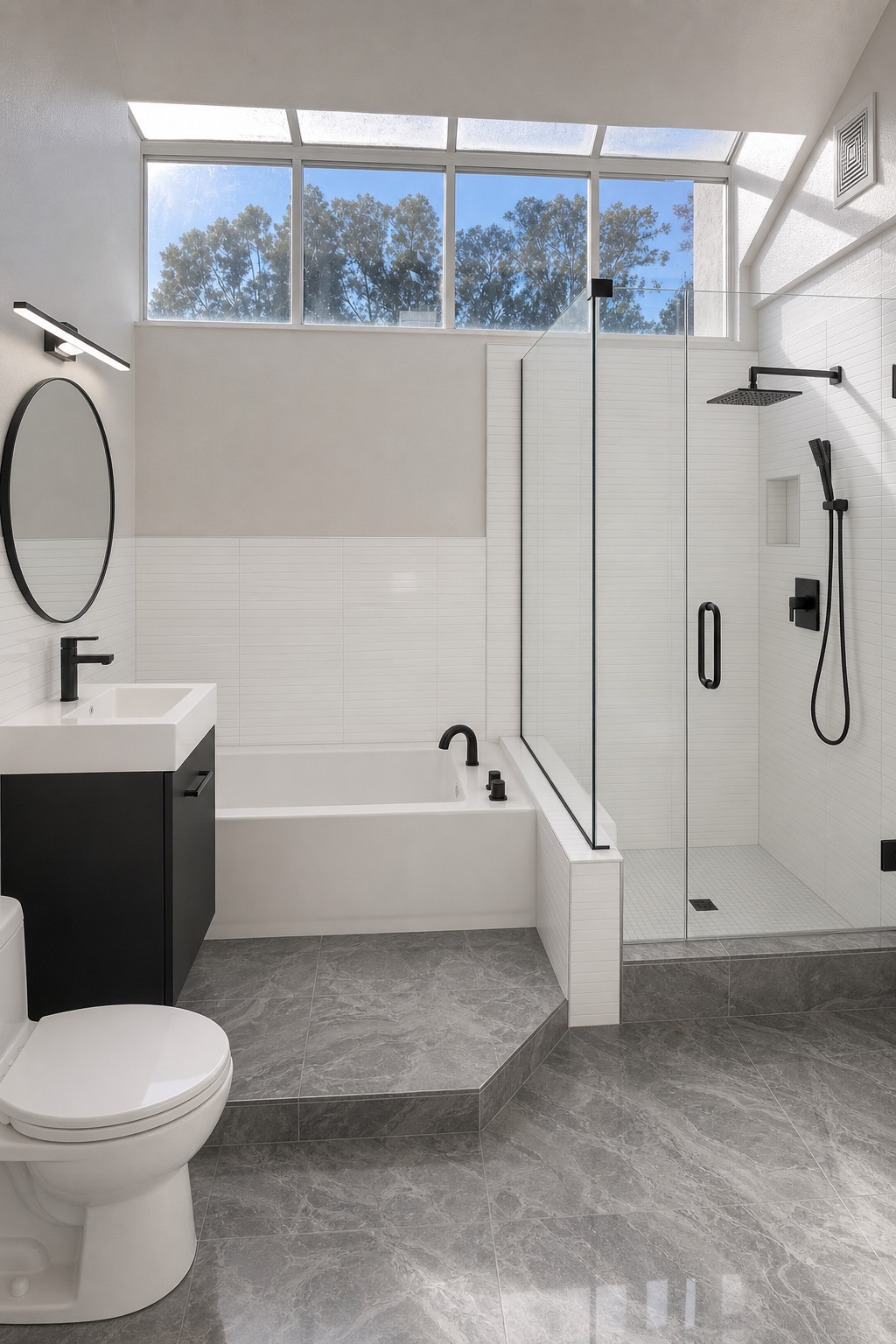 AI-rendered remodel preview of the same bathroom, furnished with the selected Home Depot products